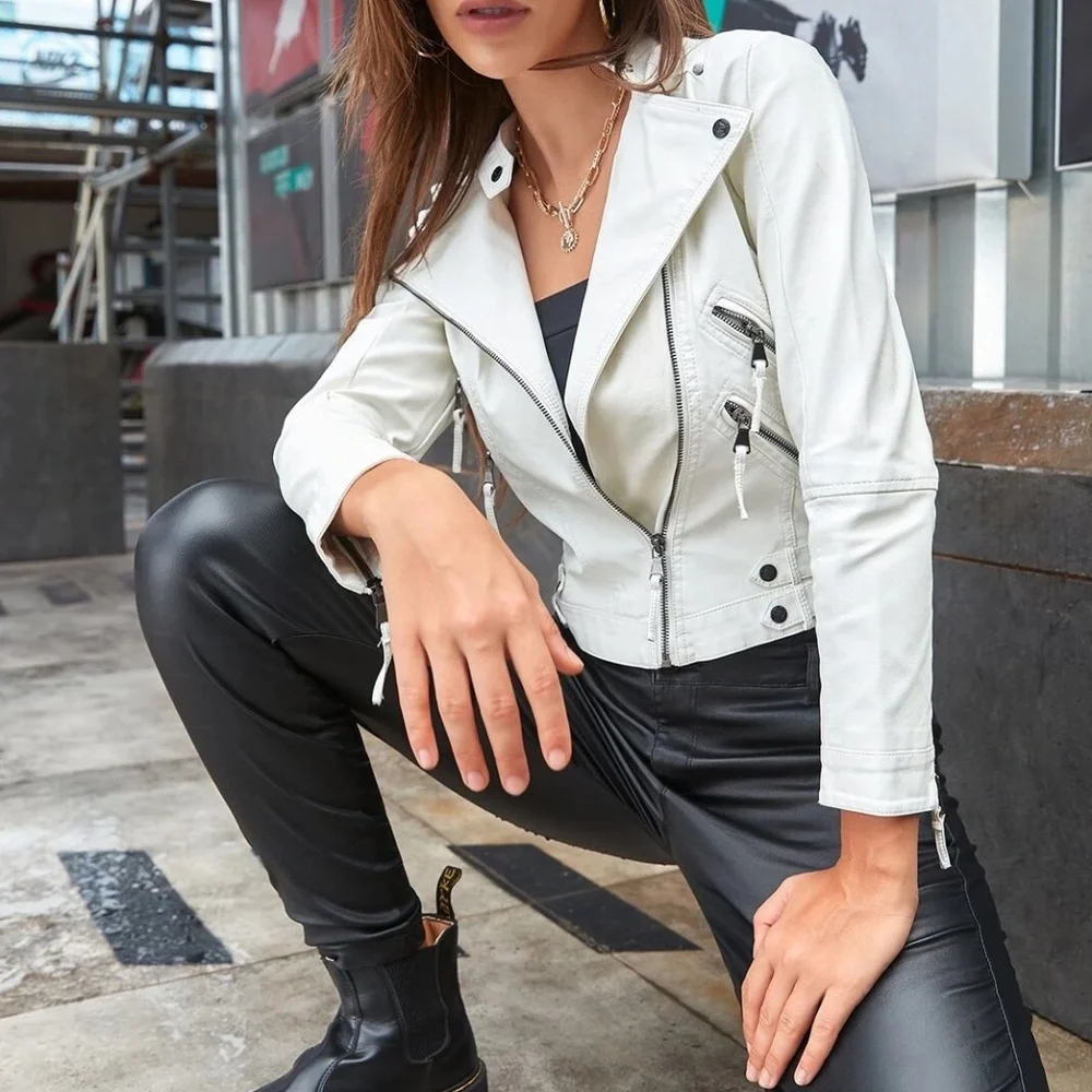 Luxe Zipper Vegan Leather Moto Biker Jacket - Picture 8 of 11